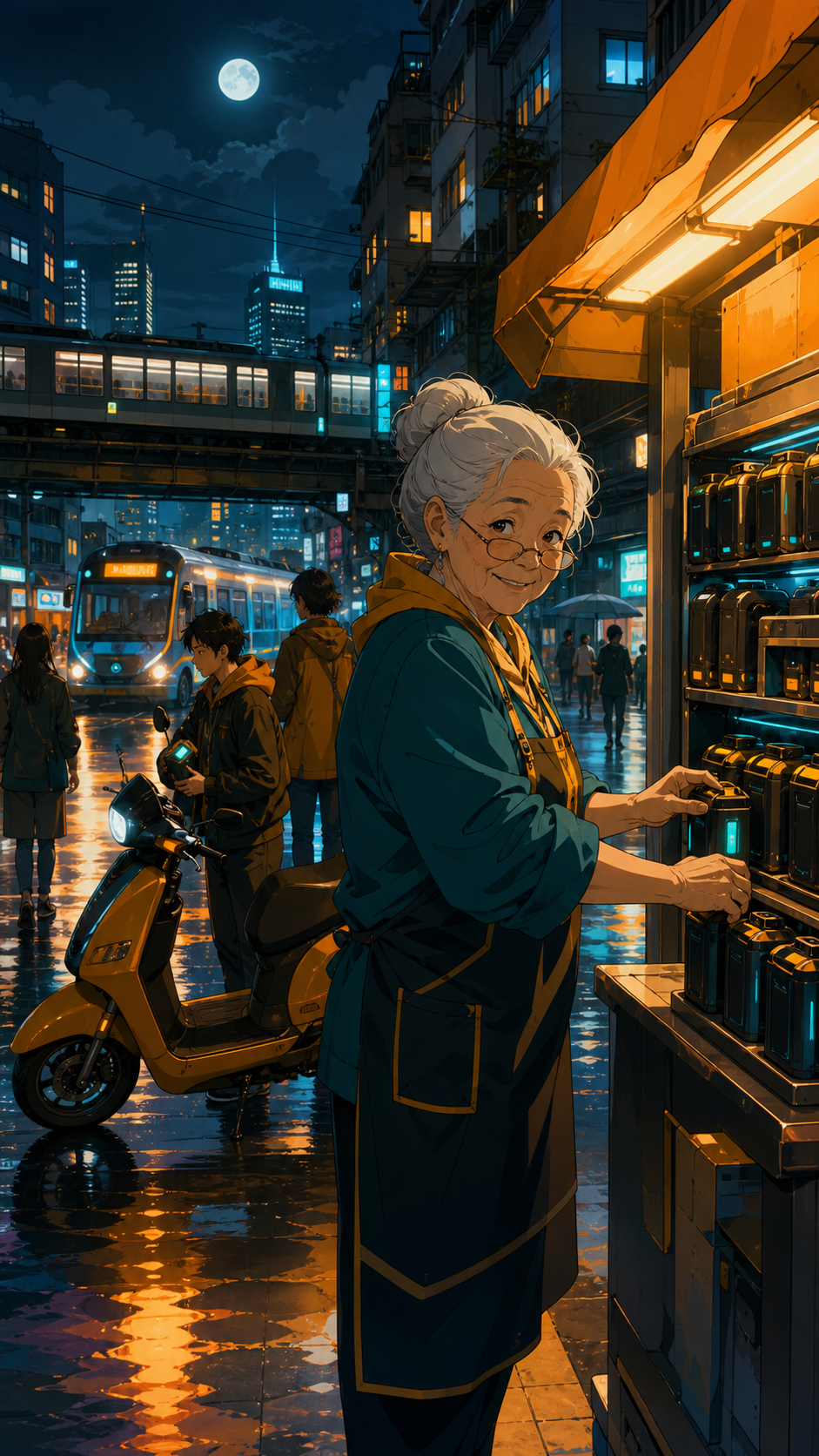 A grandmother running the busiest battery-exchange kiosk in the district, after rain creates broad colored reflections across the pavement. Street-level cinematic frame with deep layers of neighborhood activity. Saffron,