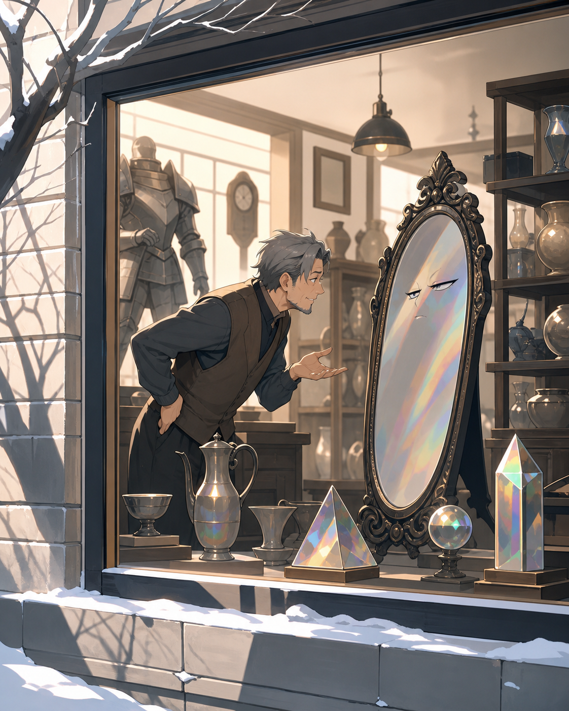An adult antique dealer negotiating with a mirror that refuses every buyer, shown as a warm neighborhood business rather than a grand magical institution. View from outside the window into a warmly arranged interior. Mon