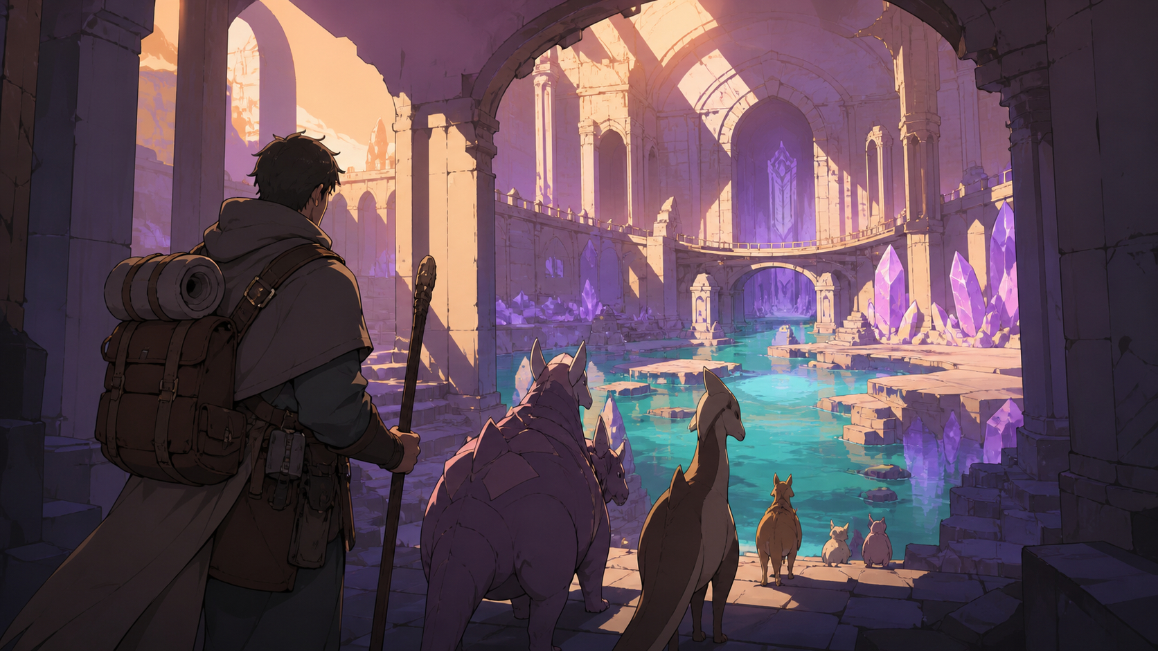 A weary guild escort guiding rescued creatures through bioluminescent ruins, at the first reveal of a spectacular unexplored chamber. Over-the-shoulder discovery frame revealing a large navigable space. Apricot, orchid p