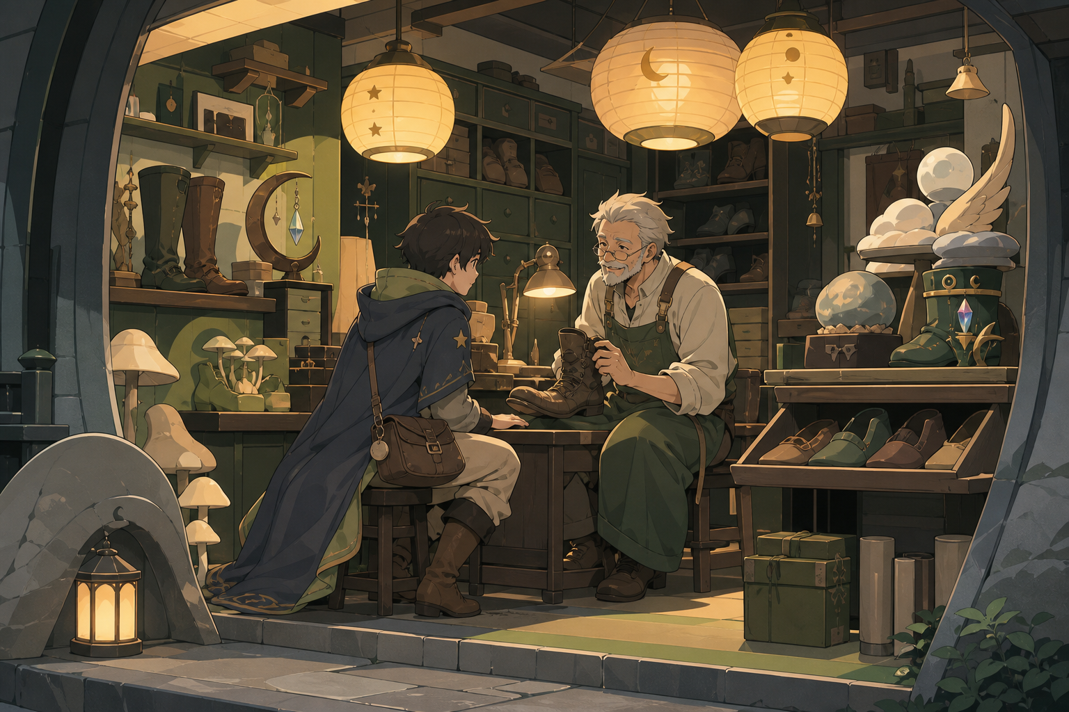 A cobbler repairing boots worn thin by journeys through dreams, at opening time as unusual merchandise is arranged for the day. Inviting storefront-wide scene centered on one customer exchange. Moss green, slate gray, mu