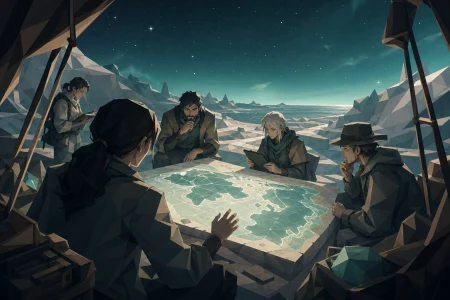 A linguist activating an ancient map that depicts tomorrow's coastline, with the team quietly comparing evidence around one central discovery. Over-the-shoulder reveal framed by ex