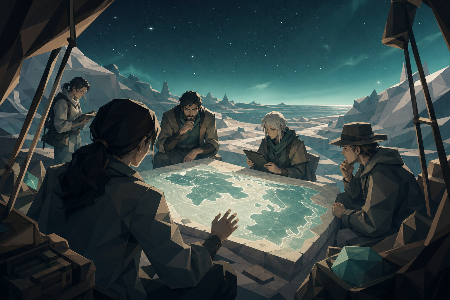 A linguist activating an ancient map that depicts tomorrow's coastline, with the team quietly comparing evidence around one central discovery. Over-the-shoulder reveal framed by excavation equipment. Sea-glass green, fad