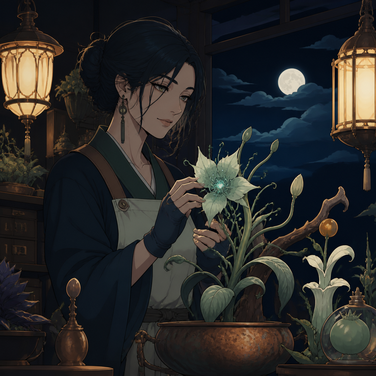 An adult woman florist who quietly cultivates supernatural plants, captured during one unguarded moment in their workplace. Intimate waist-up portrait with unusual negative space and environmental context. Moonlit indigo