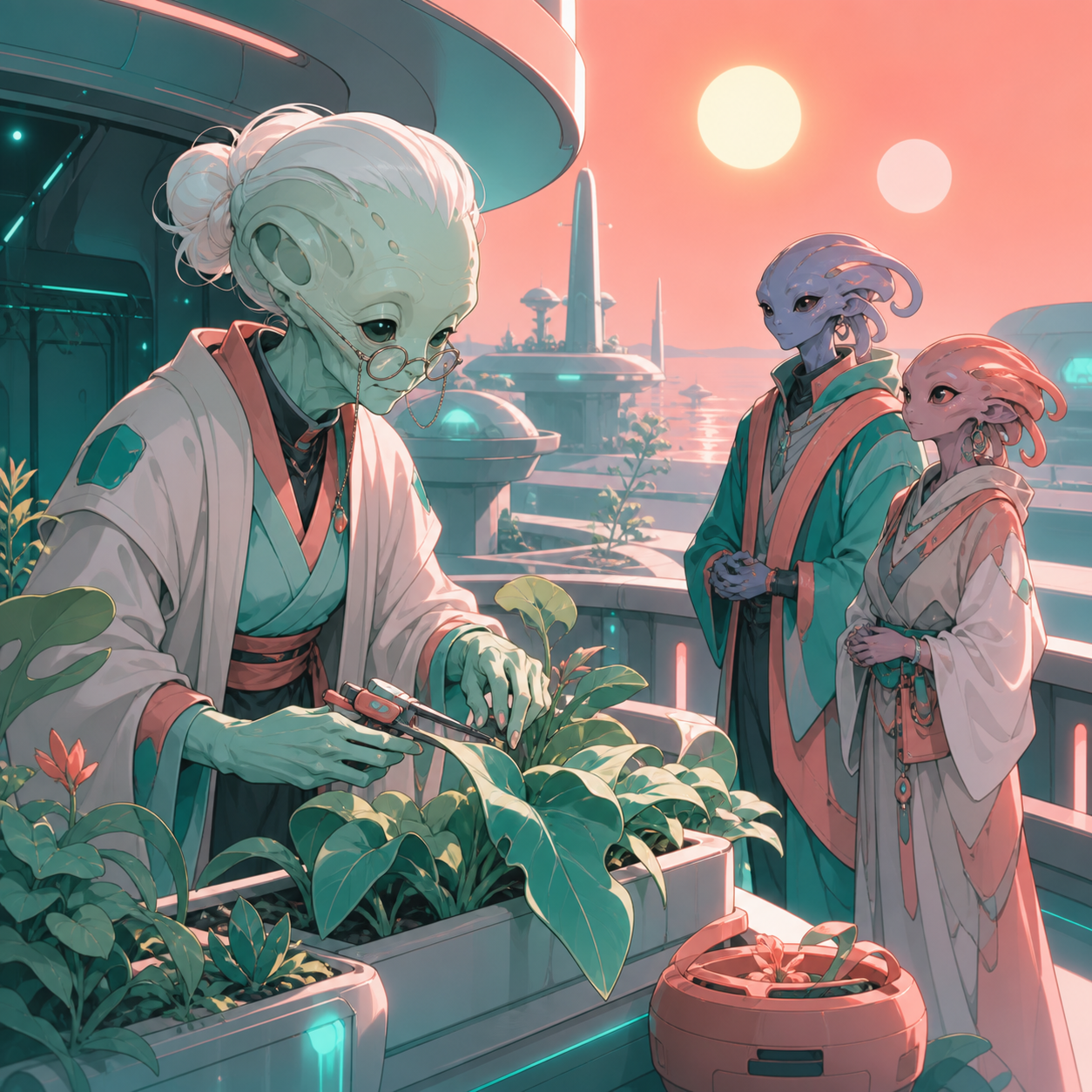 An elderly alien tending a balcony garden beneath two suns, during a relatable ordinary problem in an unfamiliar society. Intimate two-group exchange with the unusual environment visible beyond. Sea-glass green, faded co