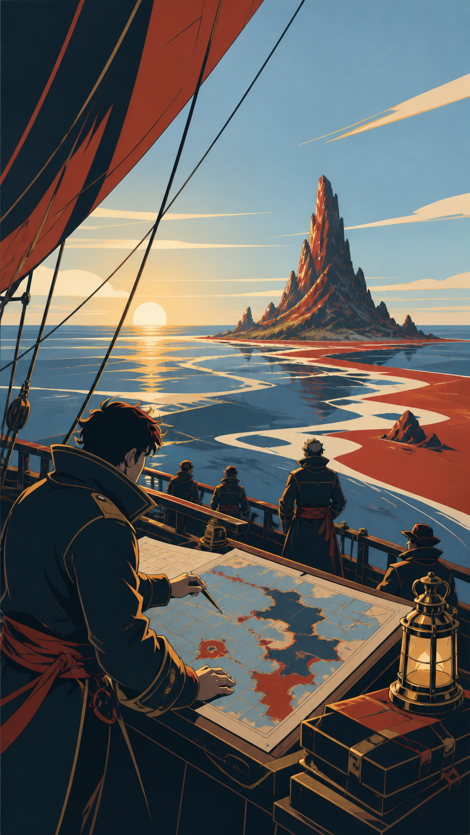 An adult cartographer mapping an island that changes shape with each tide, during a clear day when the route becomes unexpectedly unfamiliar. Deck-level frame looking past the crew toward an approaching landmark. Pine bl