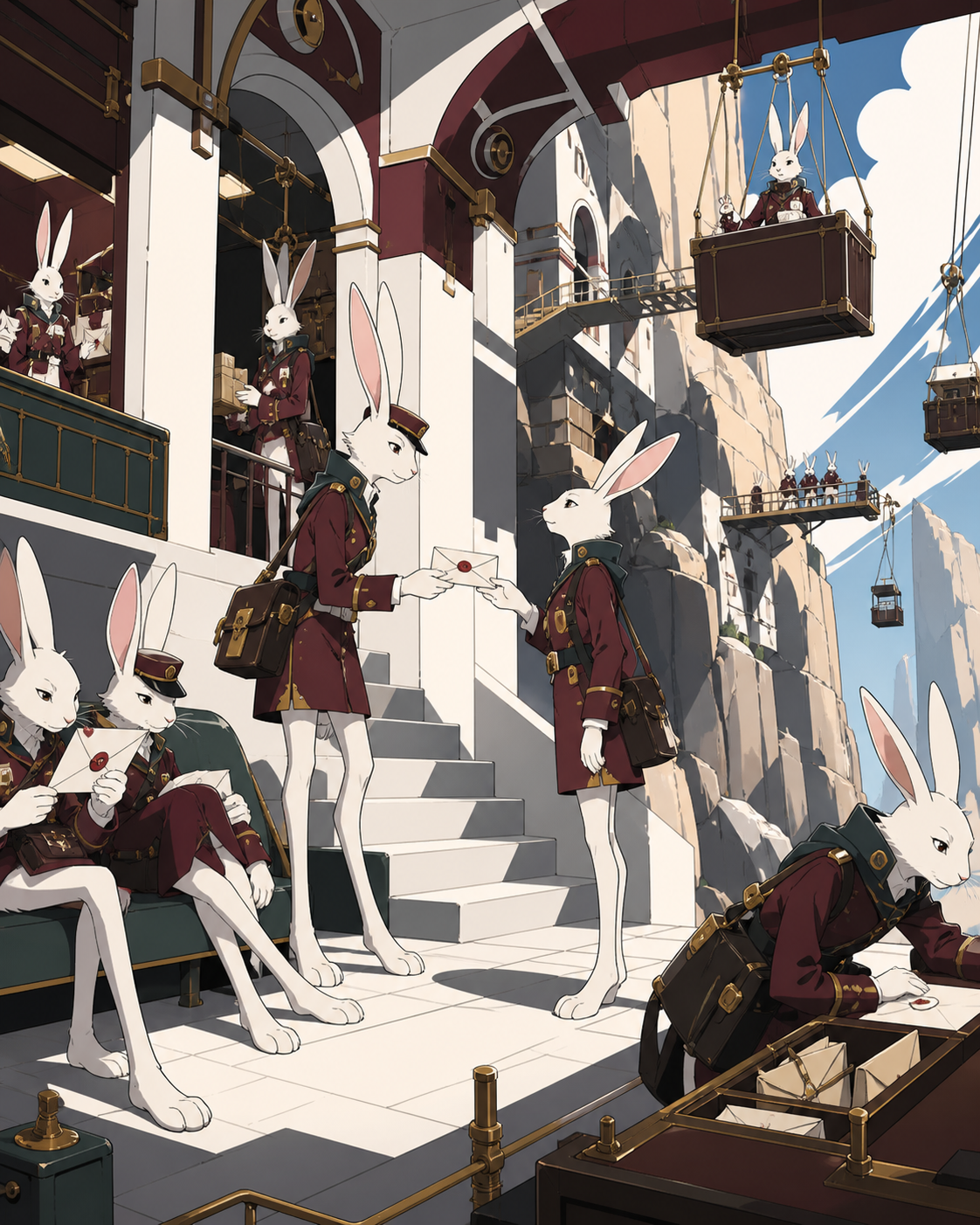 A cliffside postal route maintained by long-legged rabbit couriers, during an ordinary busy period full of recognizable routines. Busy civic tableau with one central interaction guiding the eye. Burgundy, midnight green,