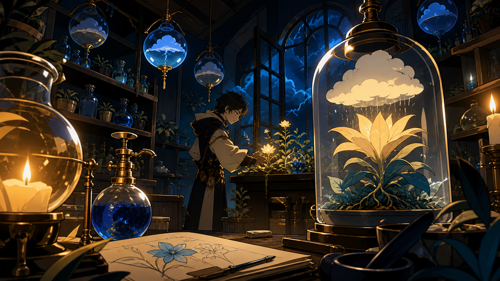 A botanical laboratory where bottled weather feeds rare seedlings, after hours when unfinished creations quietly become active. Close observational composition layered with tools in foreground and active work behind. Saf