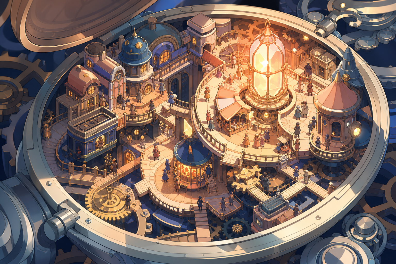 A bustling market hidden inside the mechanism of a pocket watch, during a miniature festival full of delicate points of light. Isometric-like miniature vista with multiple readable zones of activity. Sun-bleached peach, 