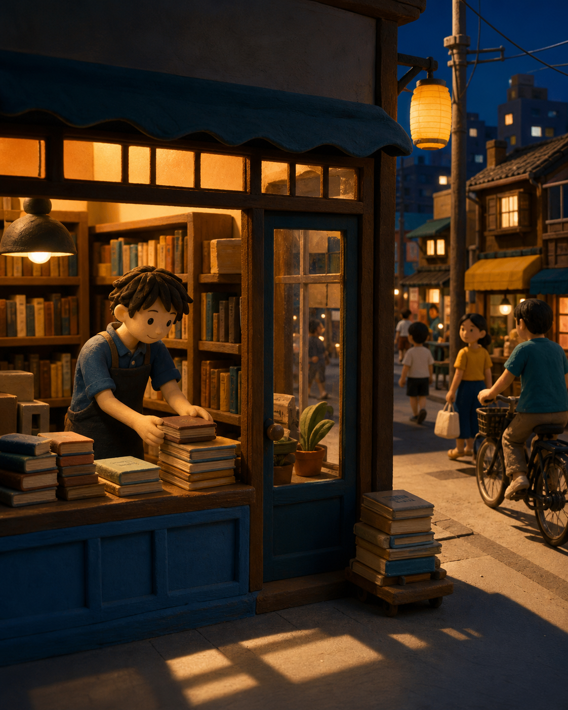 The owner of a tiny used-book shop closing long after midnight, during a humid summer evening alive with ordinary neighborhood activity. Cinematic wide shot composed through windows, signs without readable text, and refl