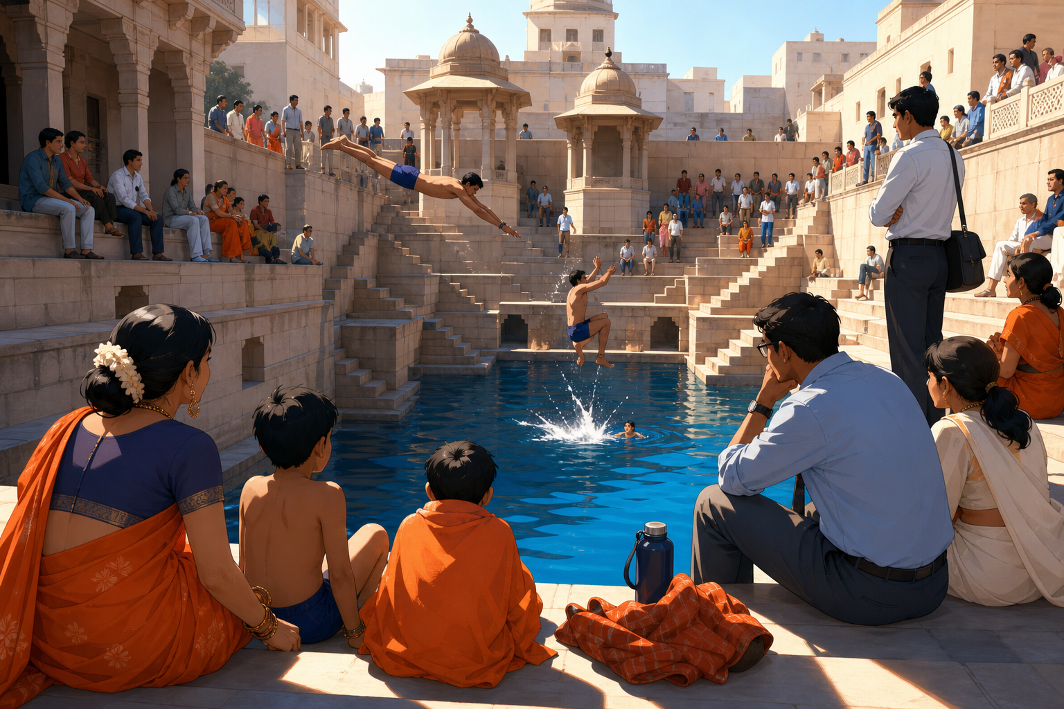 Families cooling off around an ancient stepwell during a hot afternoon, during an ambitious performance or competition before a large crowd. Train-car interior with many compact human stories in a single frame. Cobalt, p