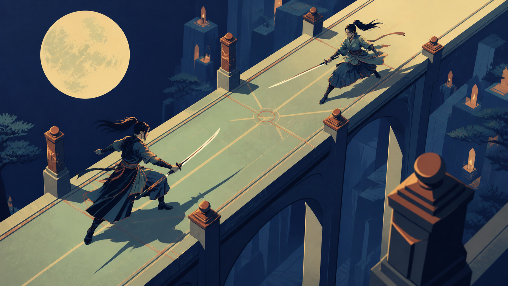 A wandering swordswoman dueling her mirror double on a narrow bridge, at a tense non-gory turning point with both fighters fully readable. High-angle geometric composition built around crossing movement paths. Moonlit in