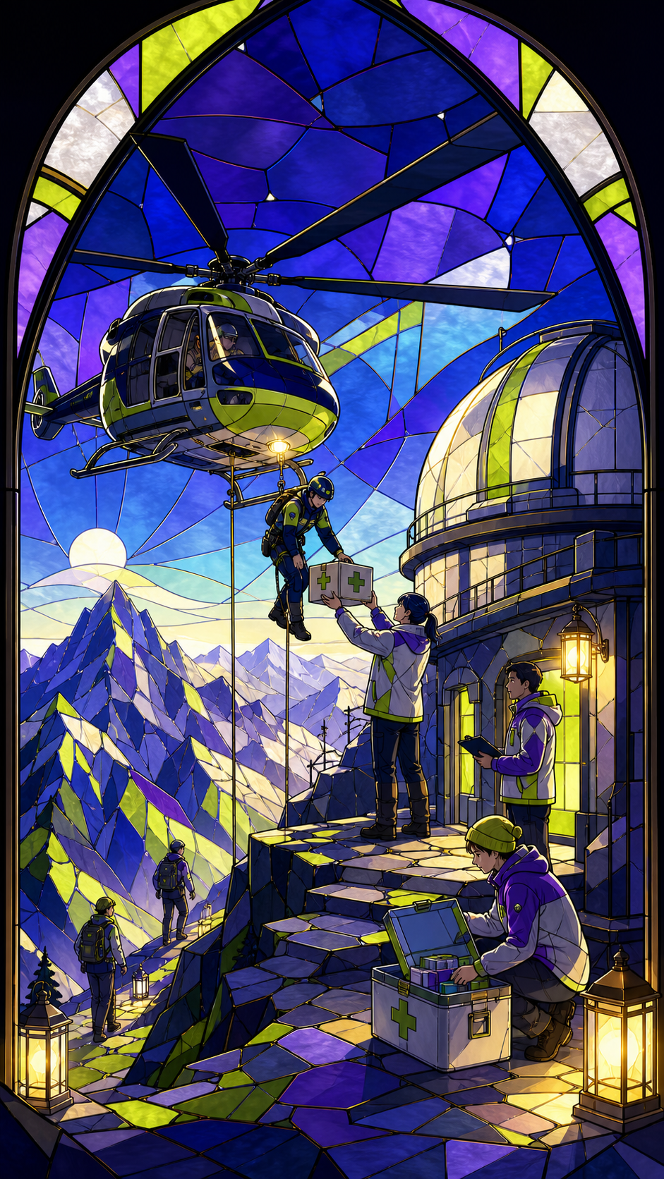 A mountain rescue pilot delivering medicine to an isolated observatory, during the steady practical work after the immediate danger has passed. Human-scale teamwork frame surrounded by the larger affected environment. Ac