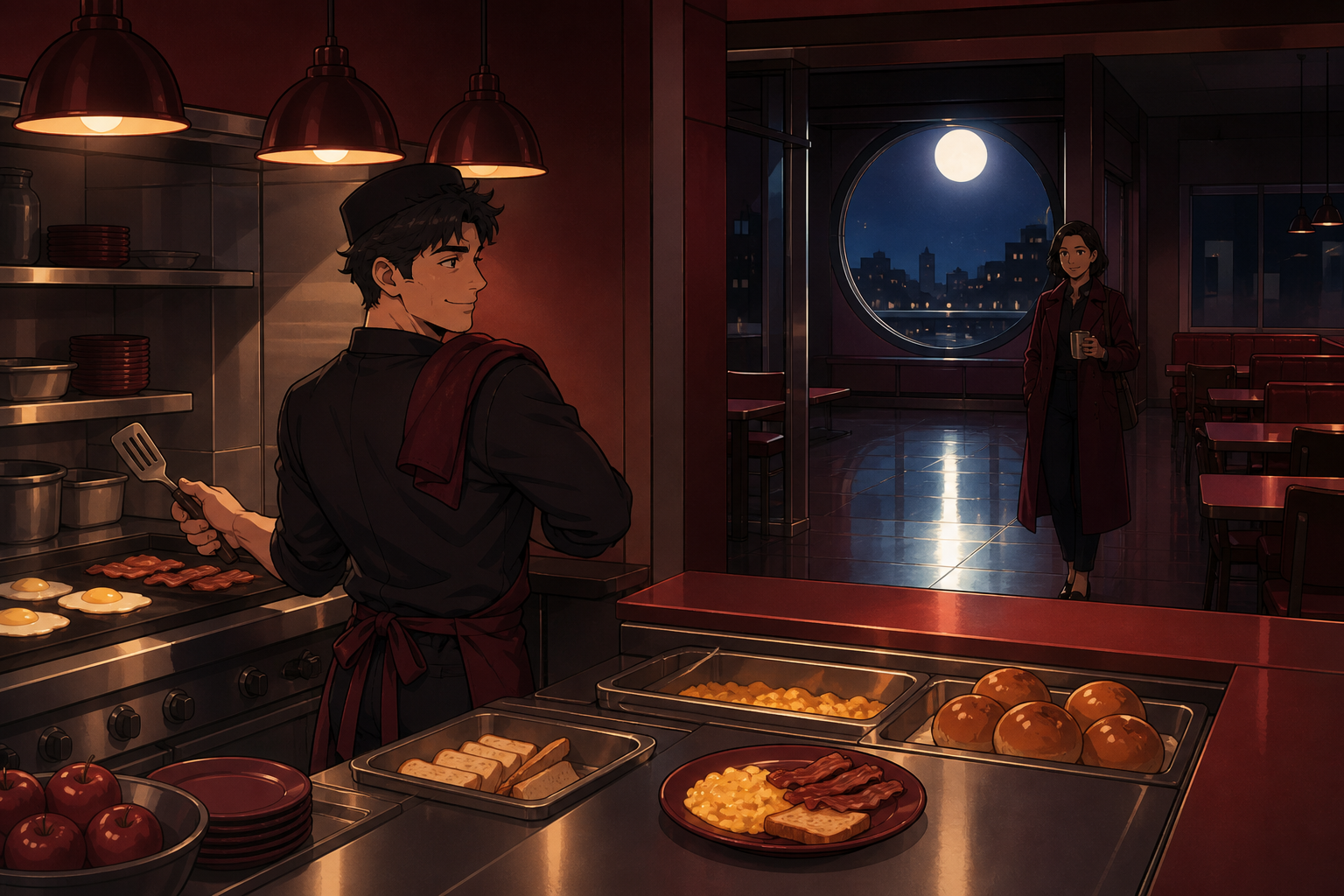 A hospital cafeteria cook preparing breakfast before the first commuters arrive, as a brief visitor interrupts a familiar routine. Intimate counter-side composition surrounded by empty architecture. Crimson, black cherry