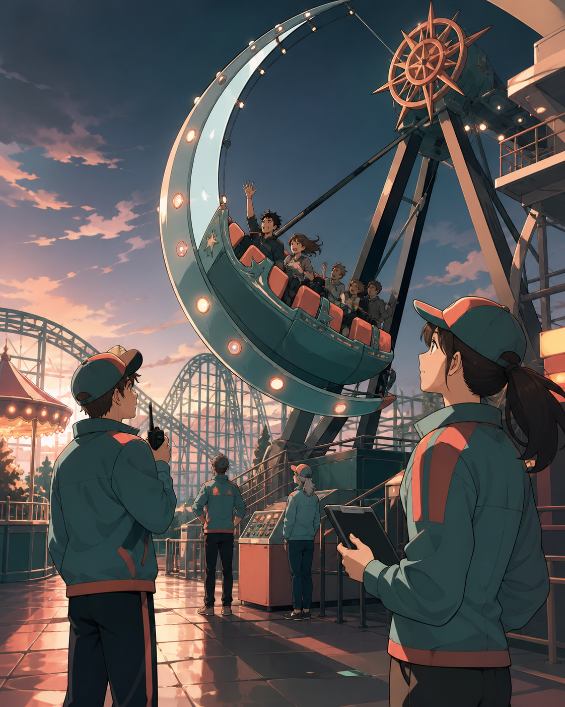 Workers testing a new moon-shaped ride before the gates open, on a quiet weekday with more staff than visitors. Quiet walkway perspective after closing with one whimsical event. Sea-glass green, faded coral, storm gray, 