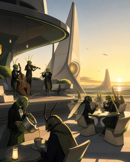 A night café run by polite insect musicians in formal jackets, shown with sophisticated worldbuilding rather than mascot posing. Formal group composition loosened by several small 