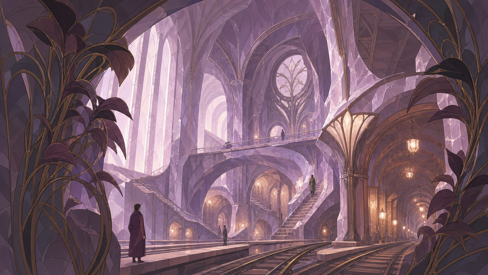 An underground railway cathedral carved from luminous salt, with a few tiny figures quietly exploring its impossible geometry. Dramatic vertical composition emphasizing scale and impossible geometry. Mulberry, tea brown,