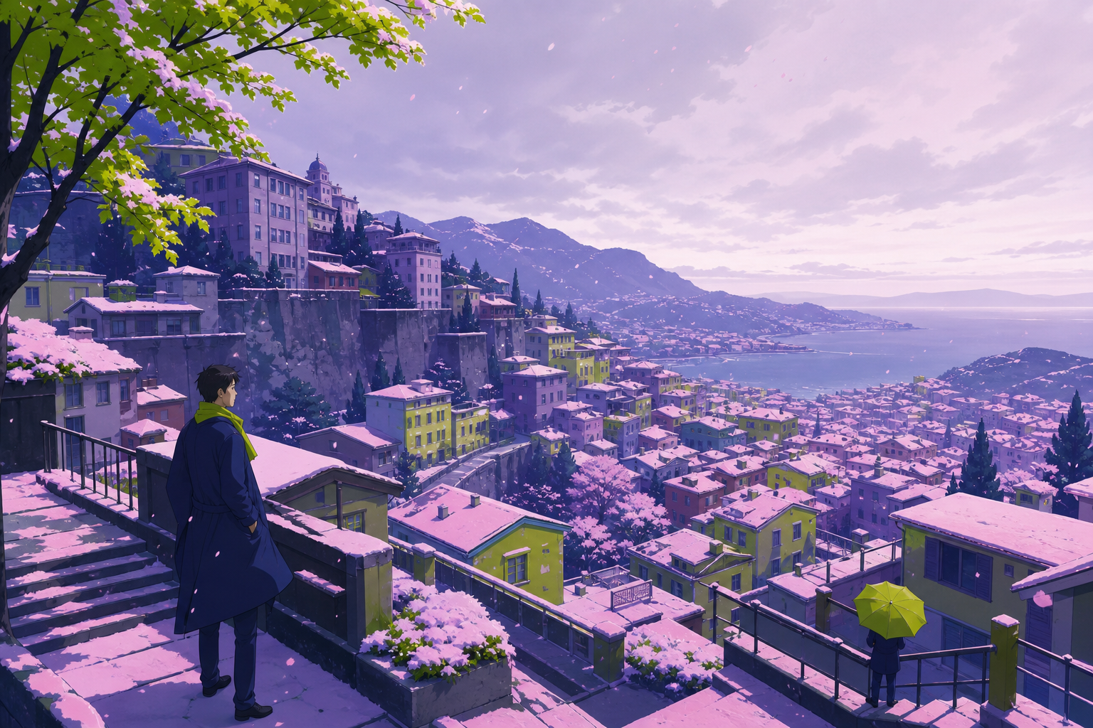 A hillside town waking beneath the first impossible pink snowfall, with sparse human activity grounding an otherwise expansive landscape. Tranquil landscape panorama with a strong foreground-to-distance rhythm. Acid lime