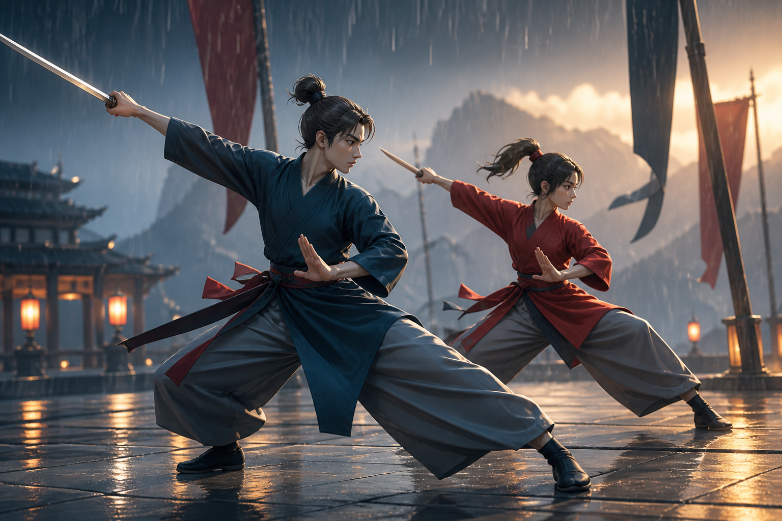 Two martial artists performing a ceremonial exhibition in heavy rain, shown as disciplined athletic movement rather than combat spectacle. Long-lens frame compressing competitors and terrain into layered motion. Petrol b