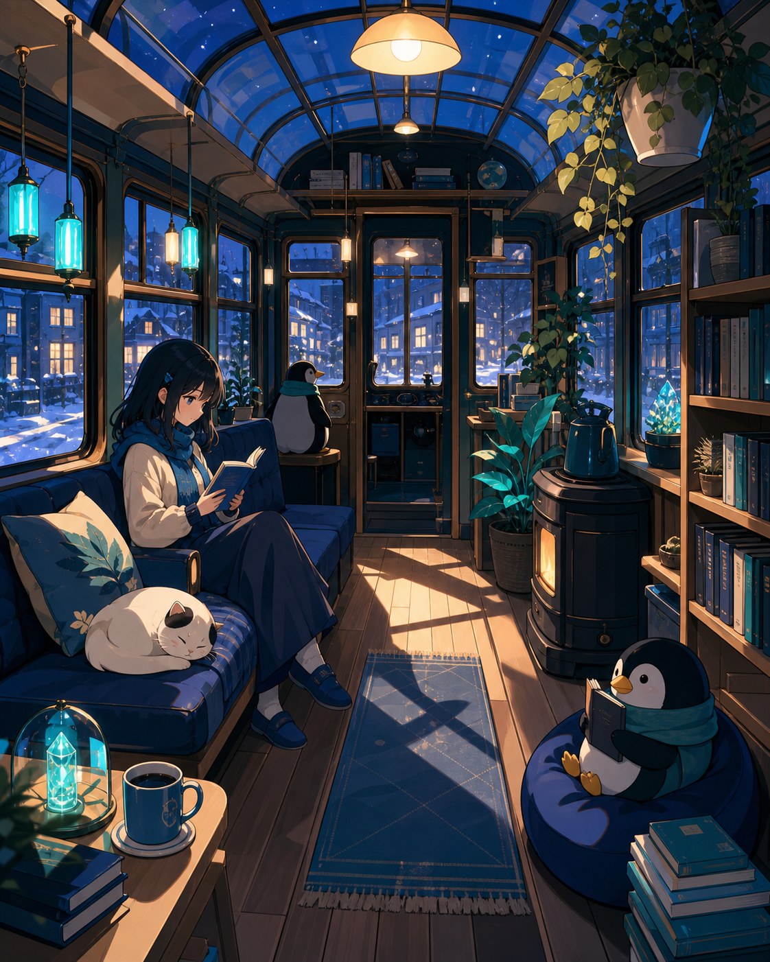 A greenhouse reading room built into an old city tram, on the first snowy night of the year. Inviting room-wide composition with several discoverable details. Ultramarine, bioluminescent turquoise, pearl, and midnight na