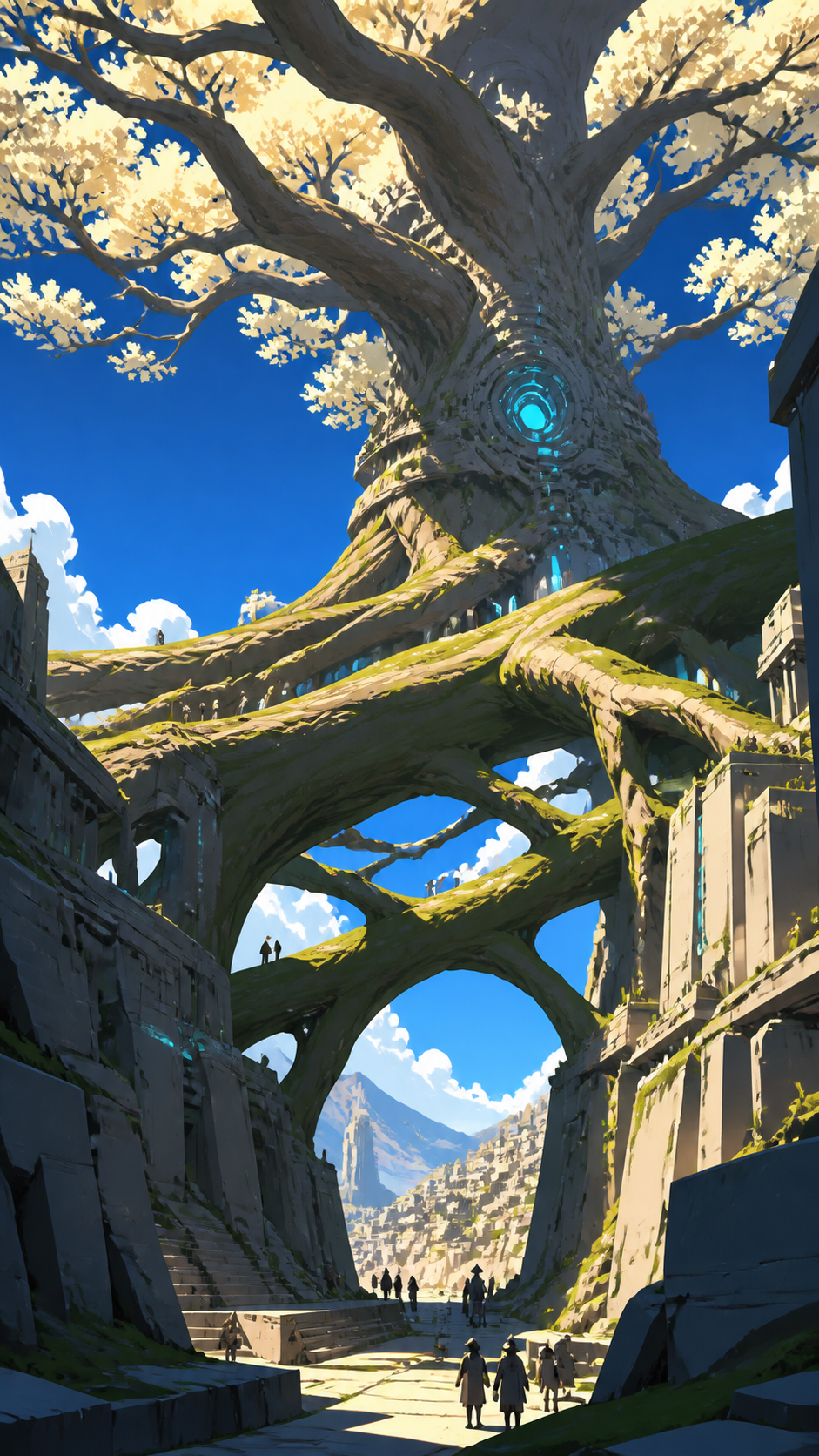 An ancient cherry tree whose roots bridge two mountain communities, with tiny visitors clearly revealing the extraordinary scale. Ground-level view looking through enormous roots toward distant figures. Moss green, slate
