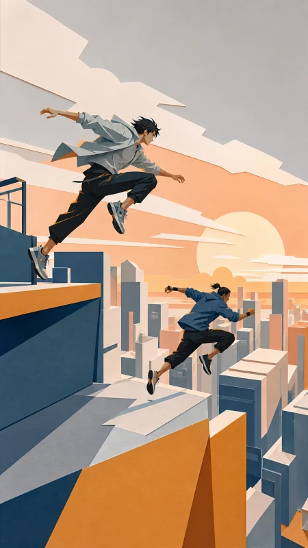 Adult rooftop runners racing across a dense sunset city, frozen at the instant of greatest balance and momentum. Bold diagonal action composition with ample space ahead of the move
