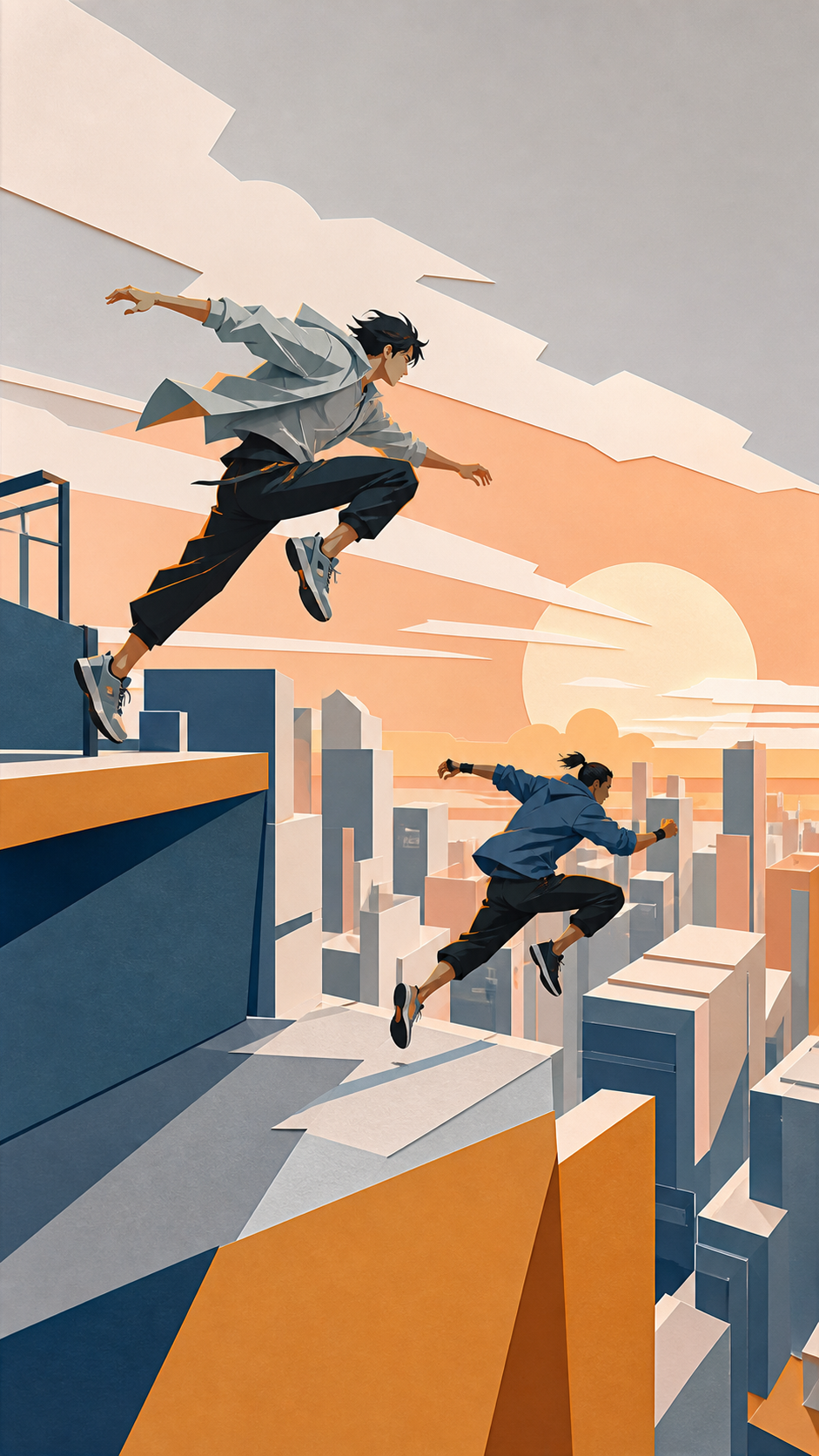 Adult rooftop runners racing across a dense sunset city, frozen at the instant of greatest balance and momentum. Bold diagonal action composition with ample space ahead of the movement. Sun-bleached peach, desert ochre, 