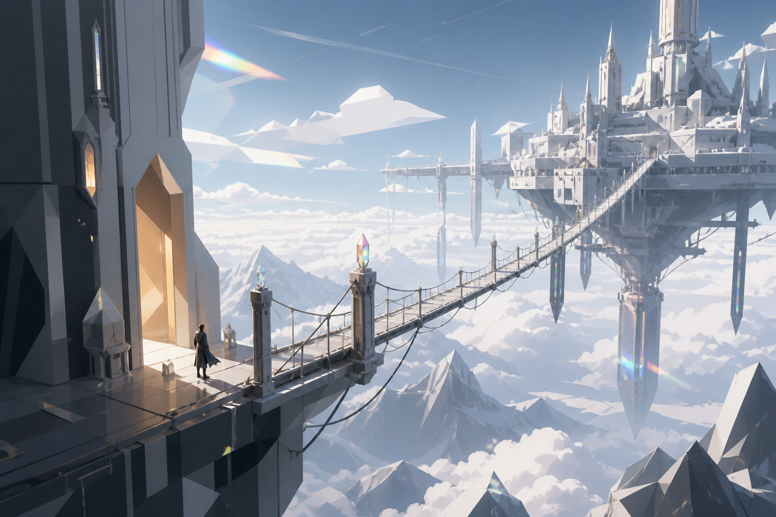 An impossibly long pedestrian bridge connecting two moving sky kingdoms, during clear morning weather that reveals the depth below. Sweeping aerial panorama with a strong route across the frame. Monochrome graphite with 
