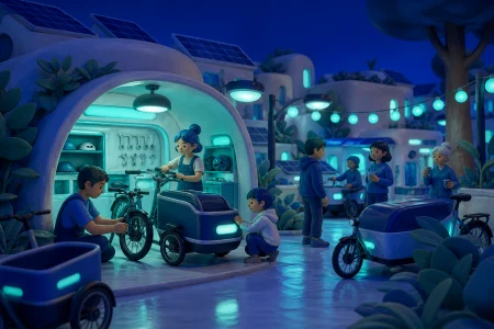 Bike mechanics maintaining a neighborhood cargo-cycle library, as practical climate design becomes part of a local celebration. Human-scale street scene where technology feels ordi