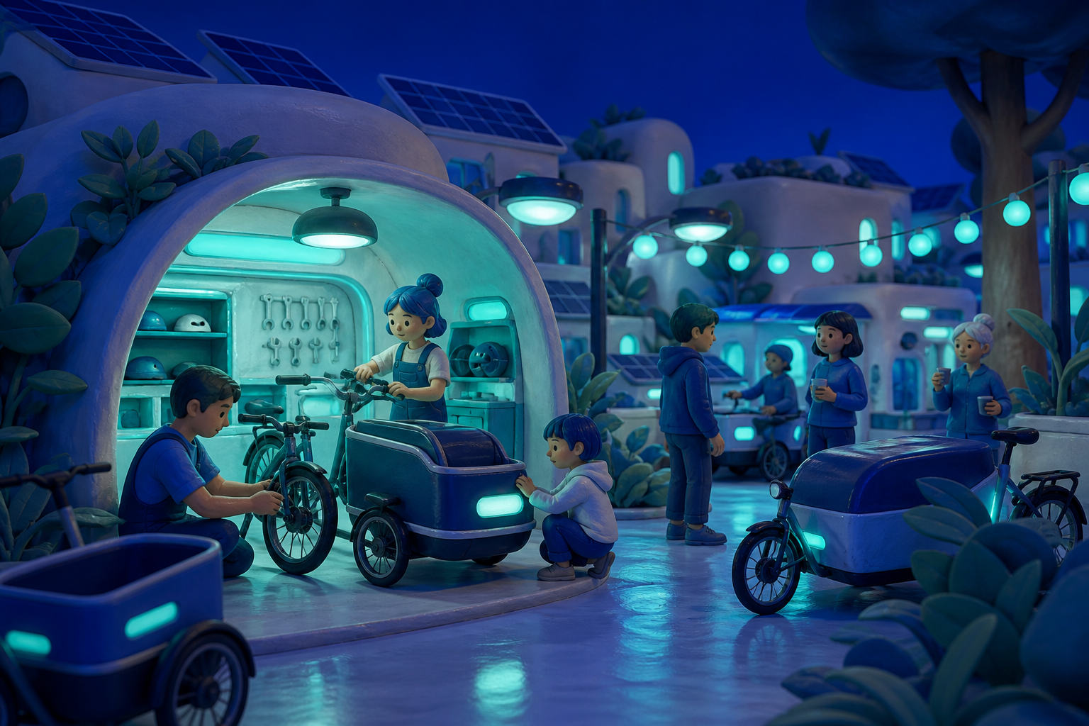 Bike mechanics maintaining a neighborhood cargo-cycle library, as practical climate design becomes part of a local celebration. Human-scale street scene where technology feels ordinary and useful. Ultramarine, biolumines