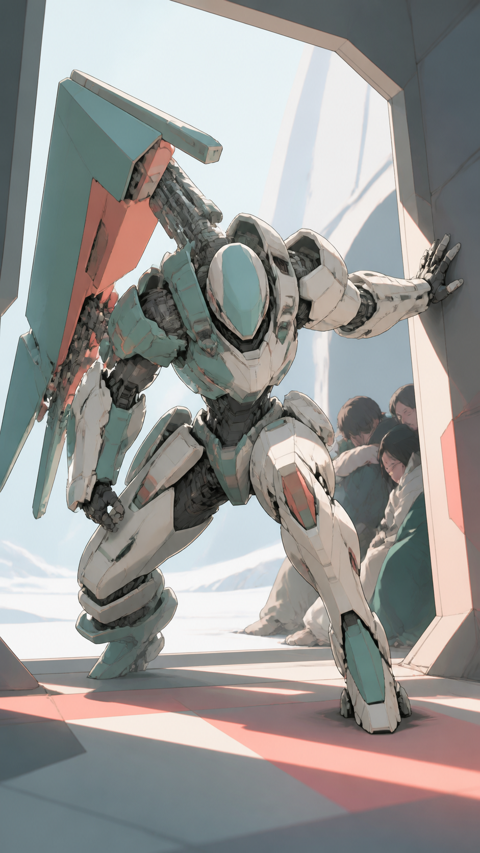A deep-space maintenance suit unfolding into an asymmetrical combat machine, bracing against a shockwave while protecting civilians just outside frame. Wide cinematic action tableau frozen at the clearest dramatic instan