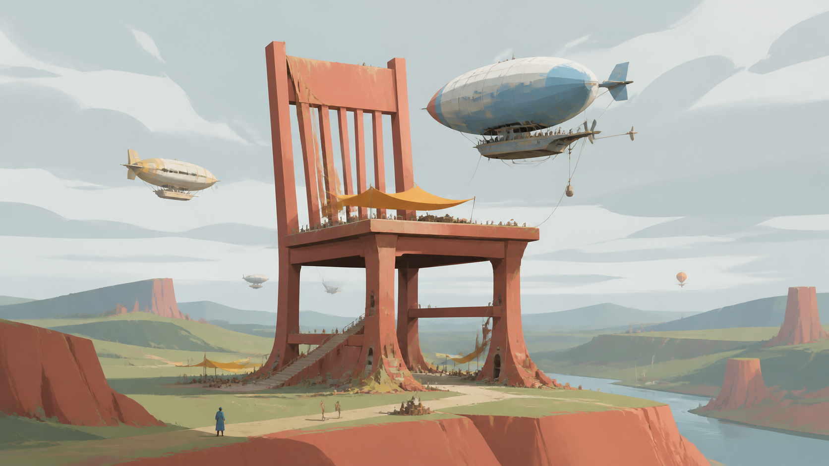 An enormous empty chair serving as a rest station for migrating airships, treated as inhabitable geography rather than a symbolic poster. Extreme wide view organized around one unforgettable silhouette. Clay red, sage, f