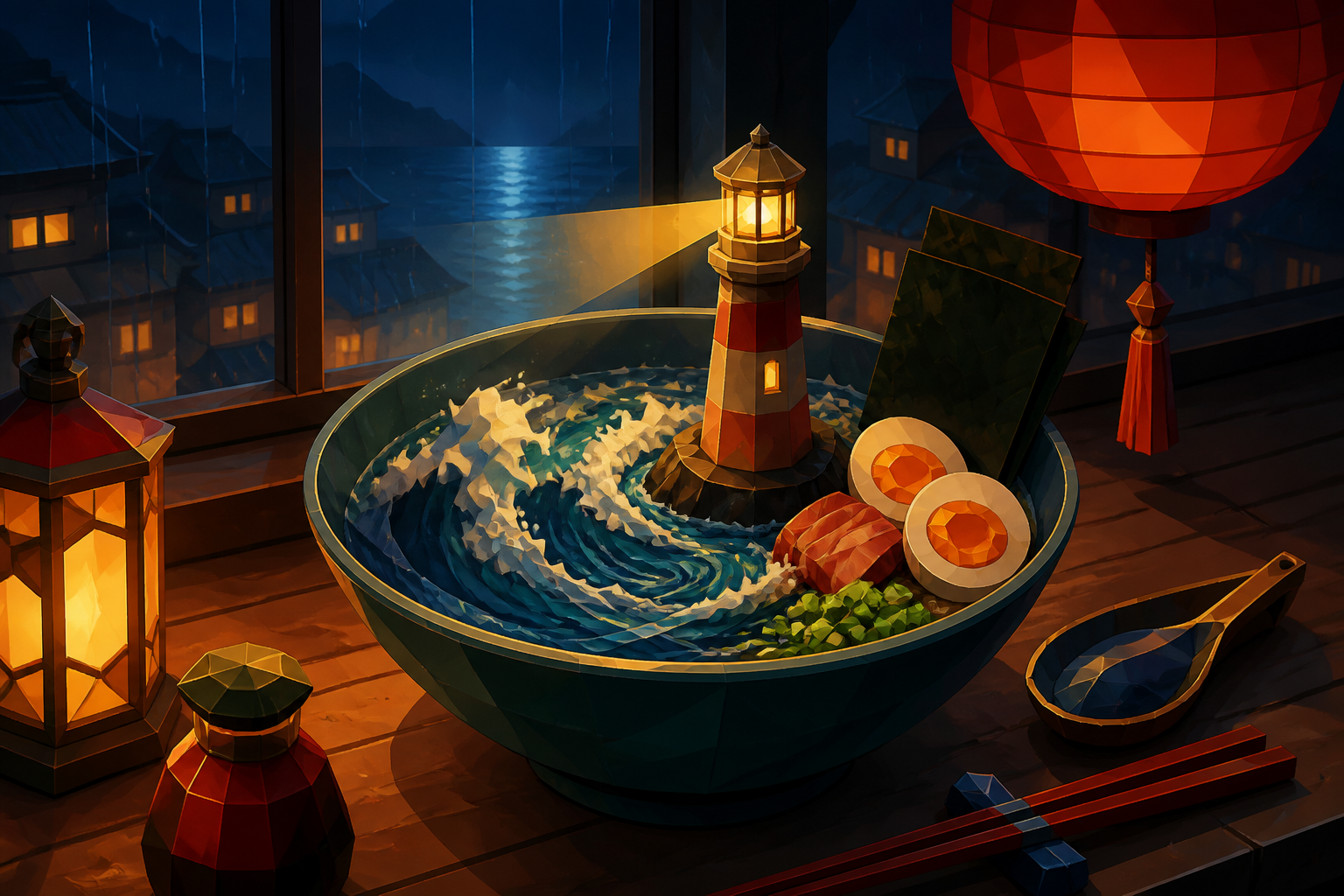 A midnight ramen bowl containing a tiny stormy ocean and lighthouse, arranged on a worn wooden counter beside a rain-streaked window. Intimate close-up with shallow depth and layered foreground details. Emerald, stained-