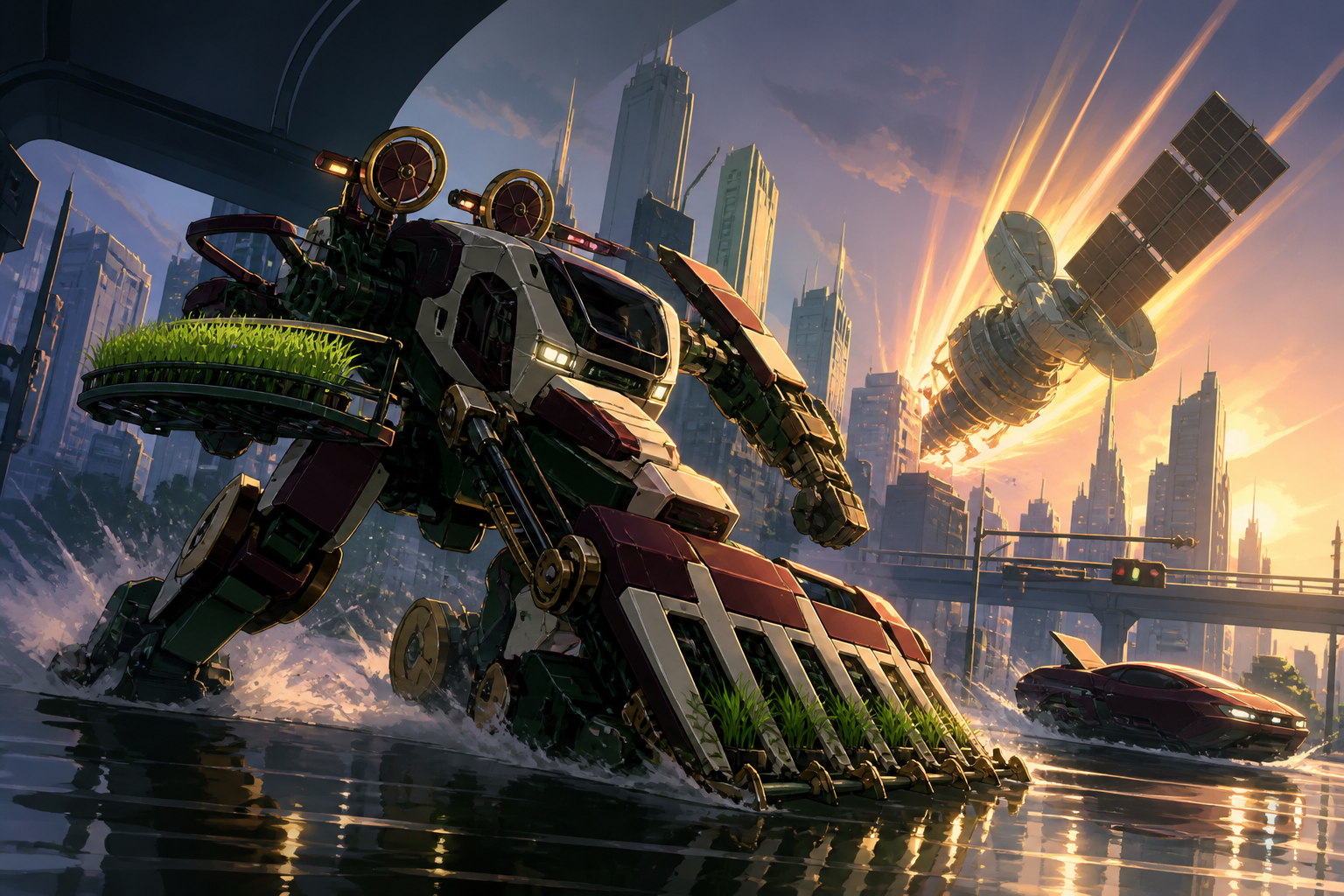 An agricultural mecha defending terraced rice fields from a falling satellite, skidding across a flooded megacity intersection during a decisive chase. Dynamic low-angle action frame with a strong diagonal movement line.
