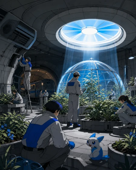 Community organizers turning a utility chamber into a public greenhouse, inside a hidden but welcoming subculture with its own routines. Wide underground ensemble with infrastructu