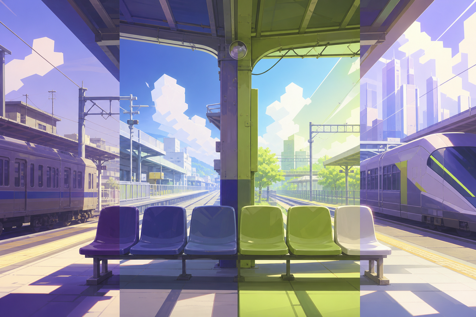 The same train platform shown across four decades in one continuous view, as one ordinary object remains unchanged across every era. Centered architectural frame with time changing toward the edges. Acid lime, ultraviole