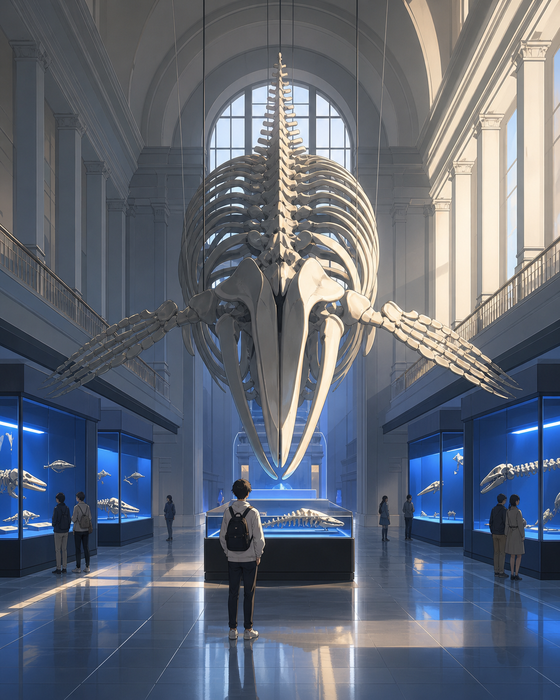 A natural history hall where one enormous skeleton remembers being alive, seen as a place of wonder and scholarship rather than danger. Symmetrical exhibition frame interrupted by one gently impossible object. Soft monoc