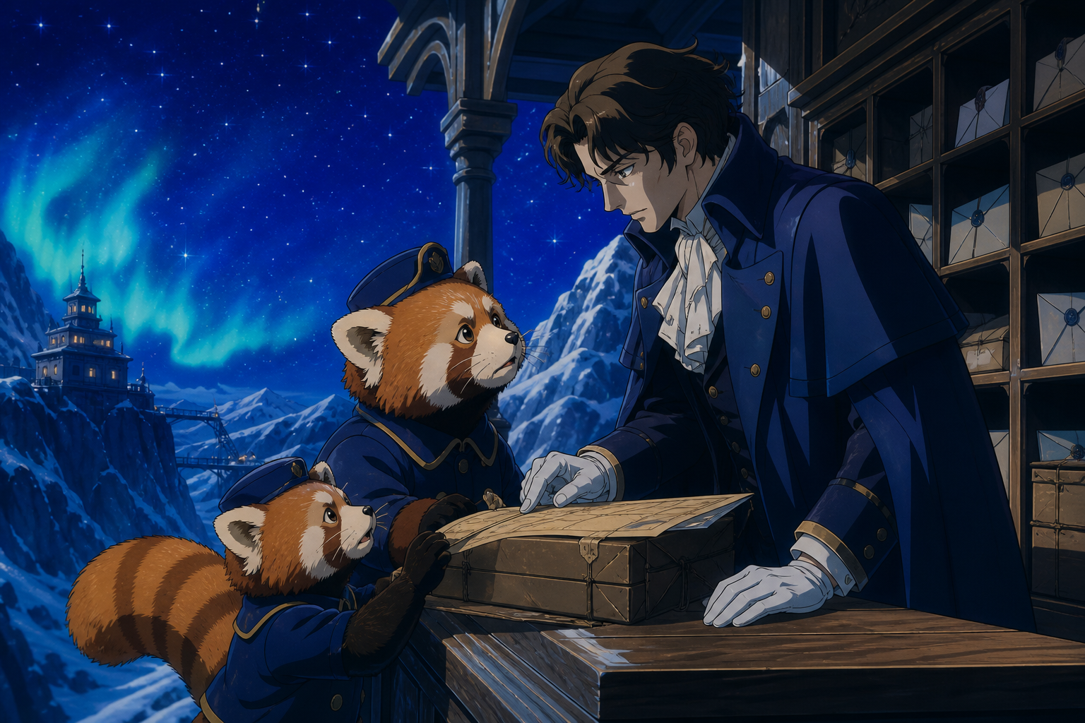 A red panda family operating a tiny mountain post office, as humans and animals solve a practical problem together. Balanced human-and-animal two-shot with shared task visible. Ultramarine, bioluminescent turquoise, pear