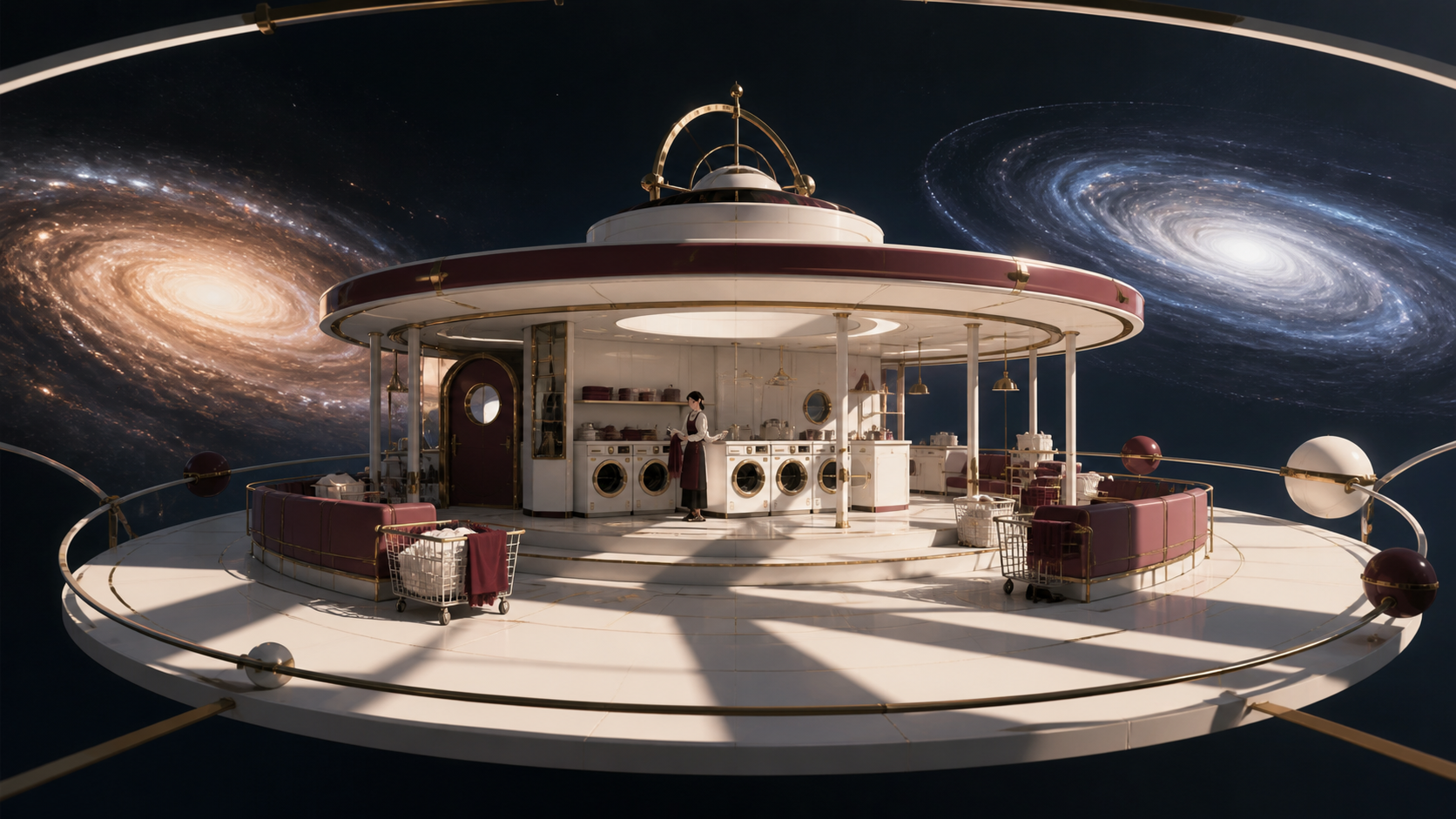 A quiet laundromat orbiting alone between two galaxies, at the calm center of a vast gravitational phenomenon. Expansive widescreen composition with strong negative space. Burgundy, midnight green, bone white, and brass.
