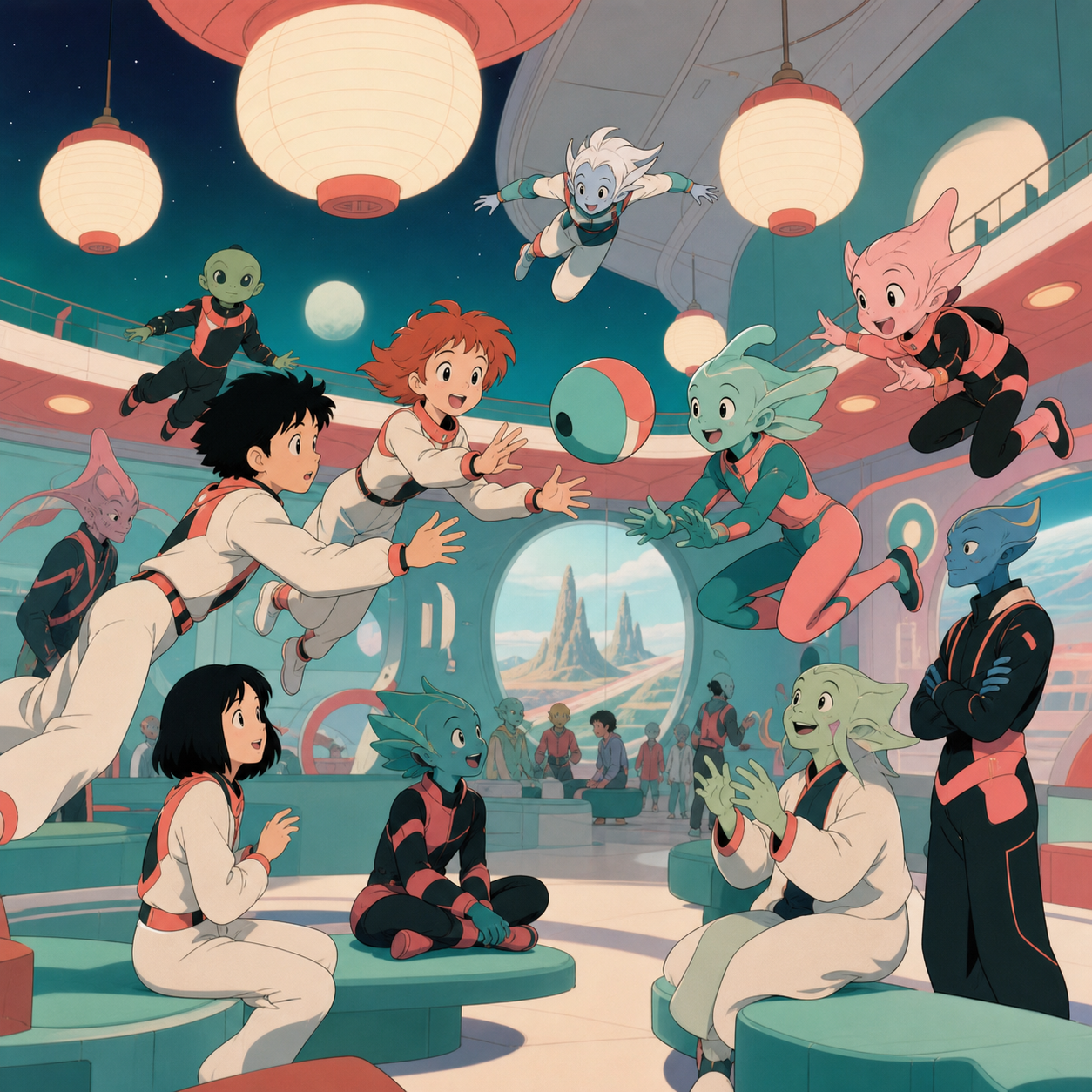 Human exchange students learning a zero-gravity playground game, as cultural differences create gentle visual comedy. Wide social composition showing several adaptations in one space. Celadon, coral pink, ink black, and 