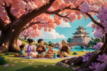 Families picnicking beneath broad spring blossom canopies, with the season communicated through broad clean shapes rather than fine detail. Low upward view using branches to frame 