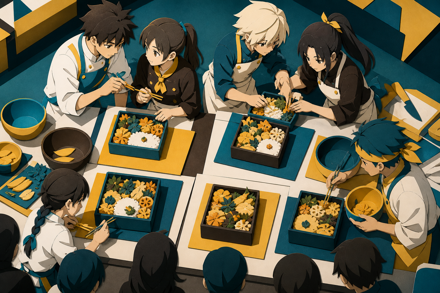 Teen culinary students racing to complete regional lunch boxes, when competitors pause to help one another finish safely. Overhead-leaning composition comparing several finished dishes. Saffron, peacock blue, dark umber,