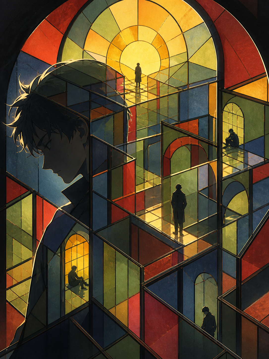 A portrait of loneliness represented as an inhabited glass maze, balanced between abstraction and a clearly readable emotional idea. Bold gallery-poster composition with no typography. Clay red, sage, faded denim, and su