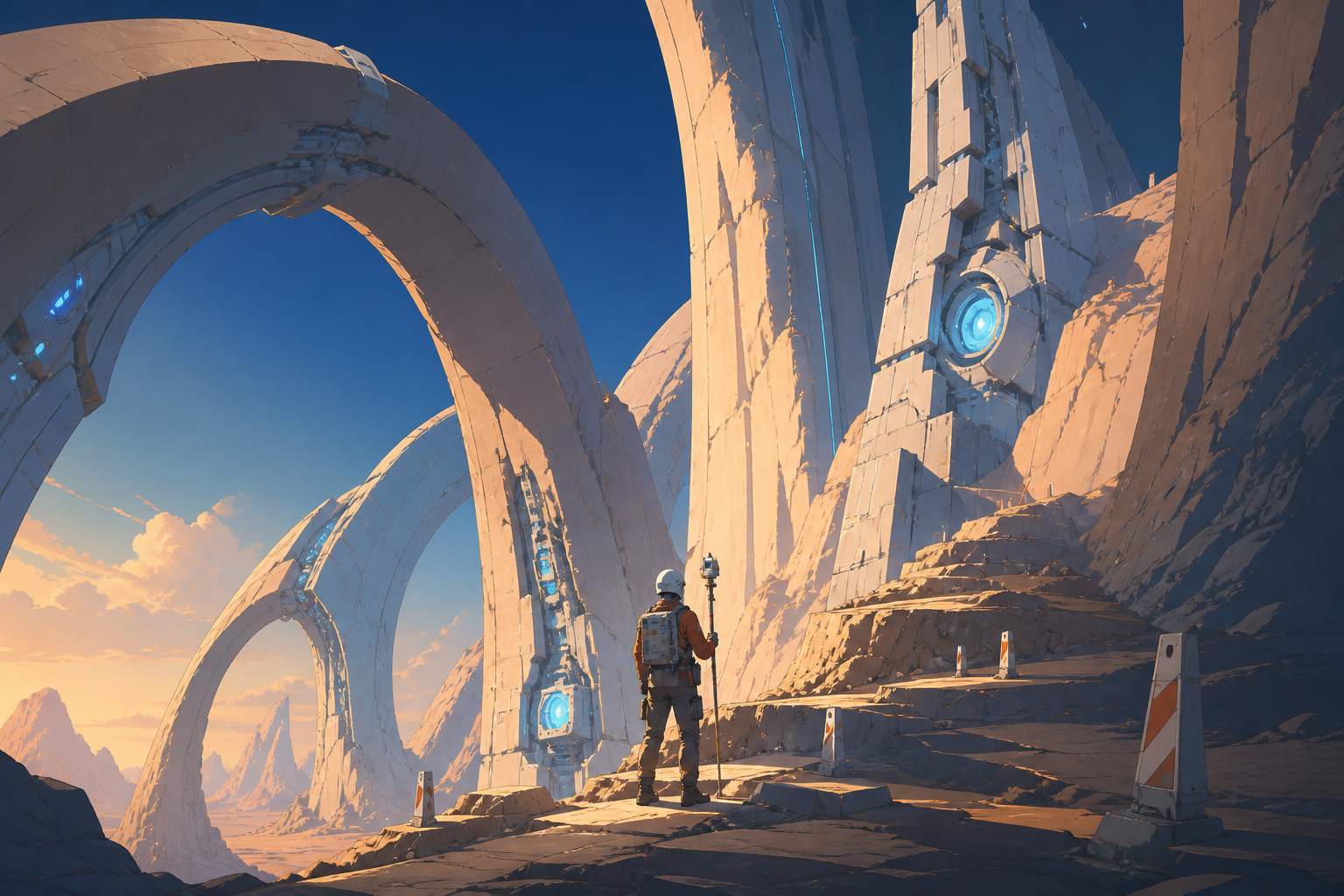 An adult surveyor measuring a forest of enormous smooth stone arches, shown through preparation and curiosity rather than peril. Vertical ascent composition with several clear resting points. Sun-bleached peach, desert o