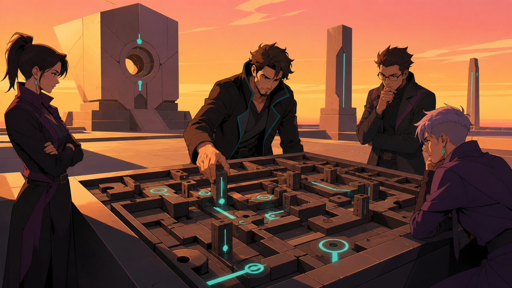 An adult puzzle designer testing a room-sized mechanical maze, shown through reactions and relationships rather than a view of the rules. Overhead-leaning social composition centered on one decisive move. Apricot, orchid