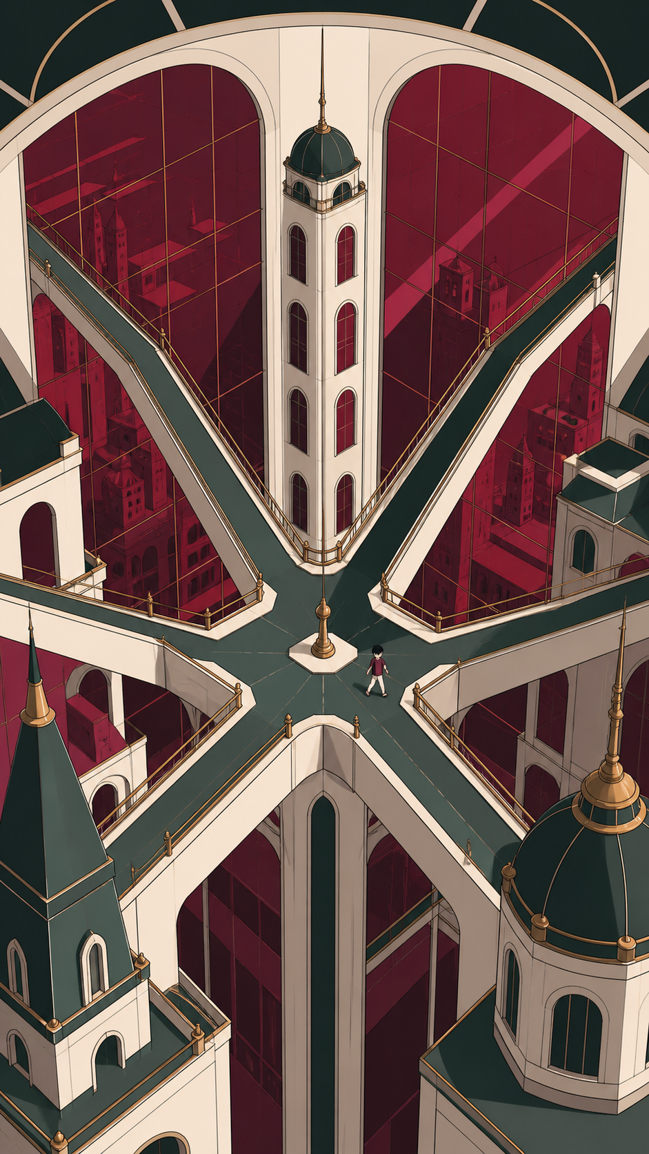 A city intersection where every road leads upward in a different direction, in bright simple lighting that preserves every major shape. Carefully centered architectural view exposing the complete paradox. Burgundy, midni