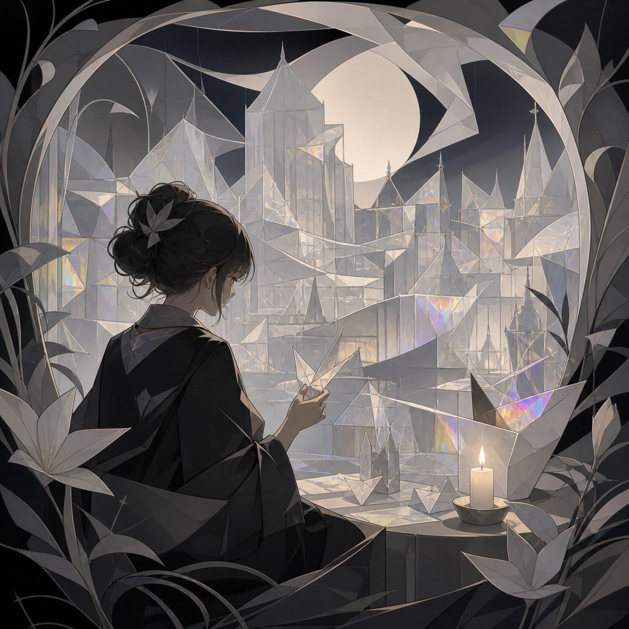 A city assembled entirely from folded memories represented as translucent paper, expressed as a visually coherent editorial artwork with no written explanation. Carefully staged surreal tableau with a single unmistakable