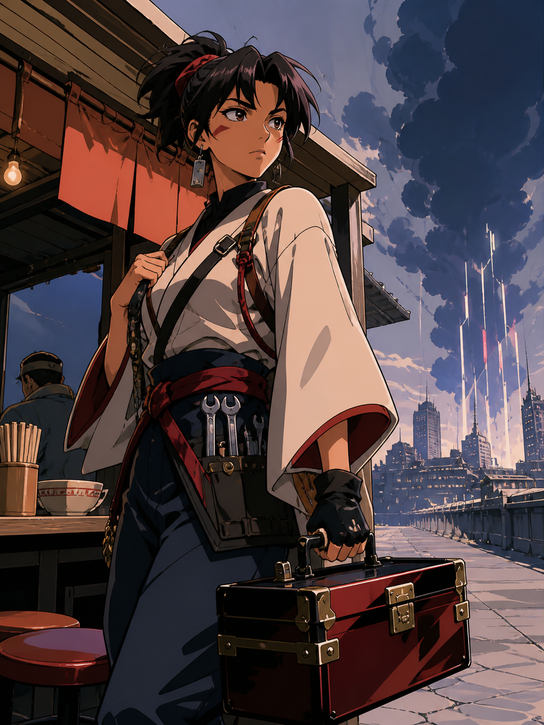 An adult woman shrine mechanic carrying a lacquered tool case, waiting at the last open noodle stand before a supernatural storm. Intimate three-quarter view with strong foreground and background layers. Sun-bleached pea