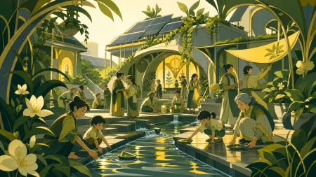 Families cooling a courtyard using a restored water channel, as practical climate design becomes part of a local celebration. Wide courtyard ensemble organized around one shared ac