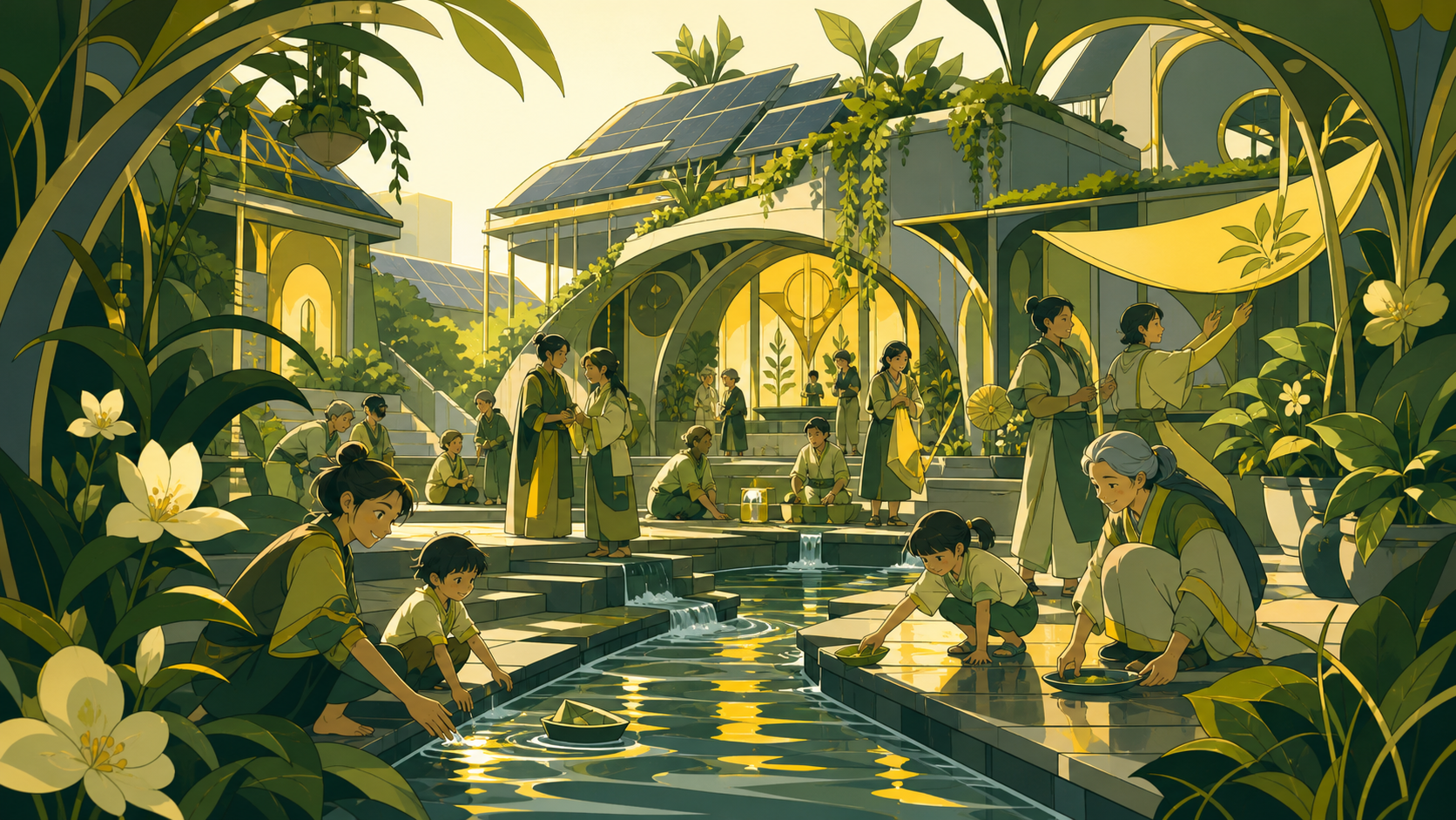 Families cooling a courtyard using a restored water channel, as practical climate design becomes part of a local celebration. Wide courtyard ensemble organized around one shared activity. Moss green, slate gray, mushroom