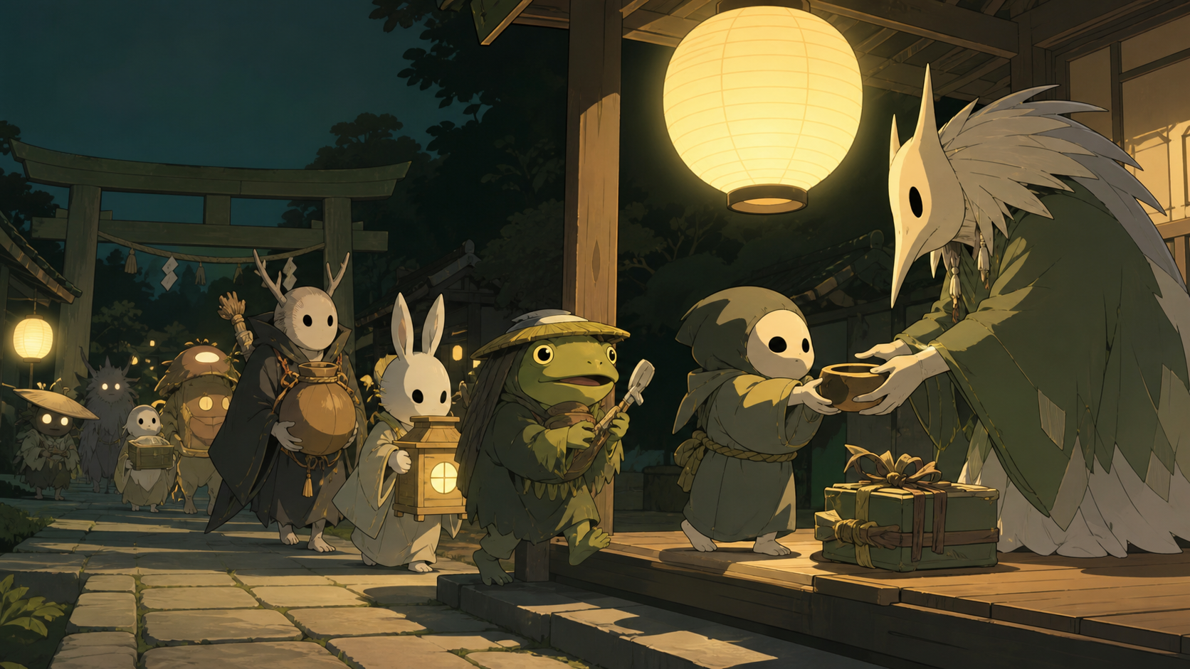 A procession of forgotten household spirits returning borrowed objects, during a quiet festival after all human visitors have gone home. Balanced ensemble composition with one strong focal action. Moss green, slate gray,